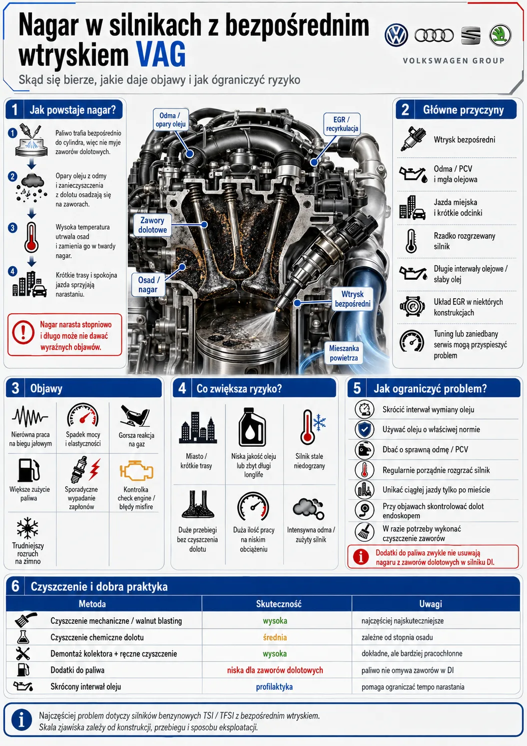 Infografika: nagar w silnikach VAG z bezpośrednim wtryskiem (TSI/TFSI) — jak powstaje, główne przyczyny (wtrysk bezpośredni, opary oleju z odmy/PCV, jazda miejska, długie interwały oleju, EGR), objawy oraz skuteczność metod czyszczenia (walnut blasting wysoka, chemiczne średnia, dodatki do paliwa niska).